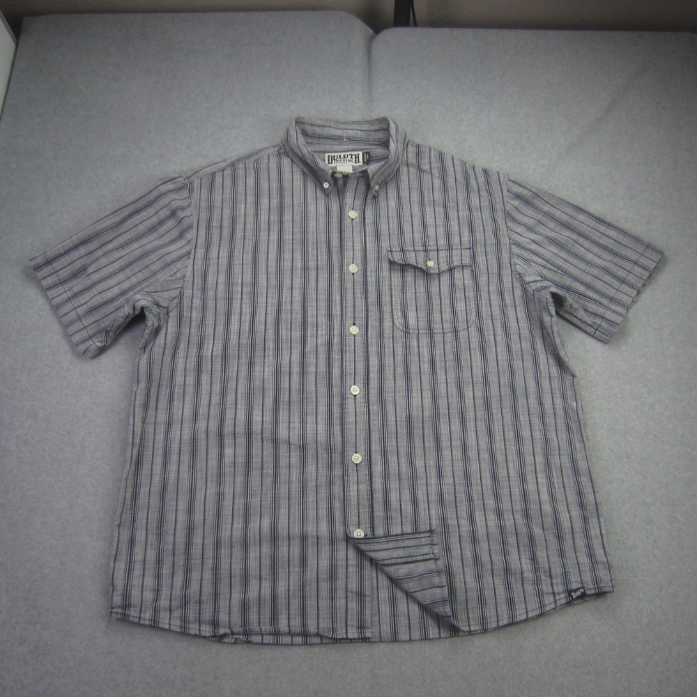 Duluth Shirt Mens Large Gray Relaxed Fit Untucked Striped Button Down SS - Picture 1 of 14